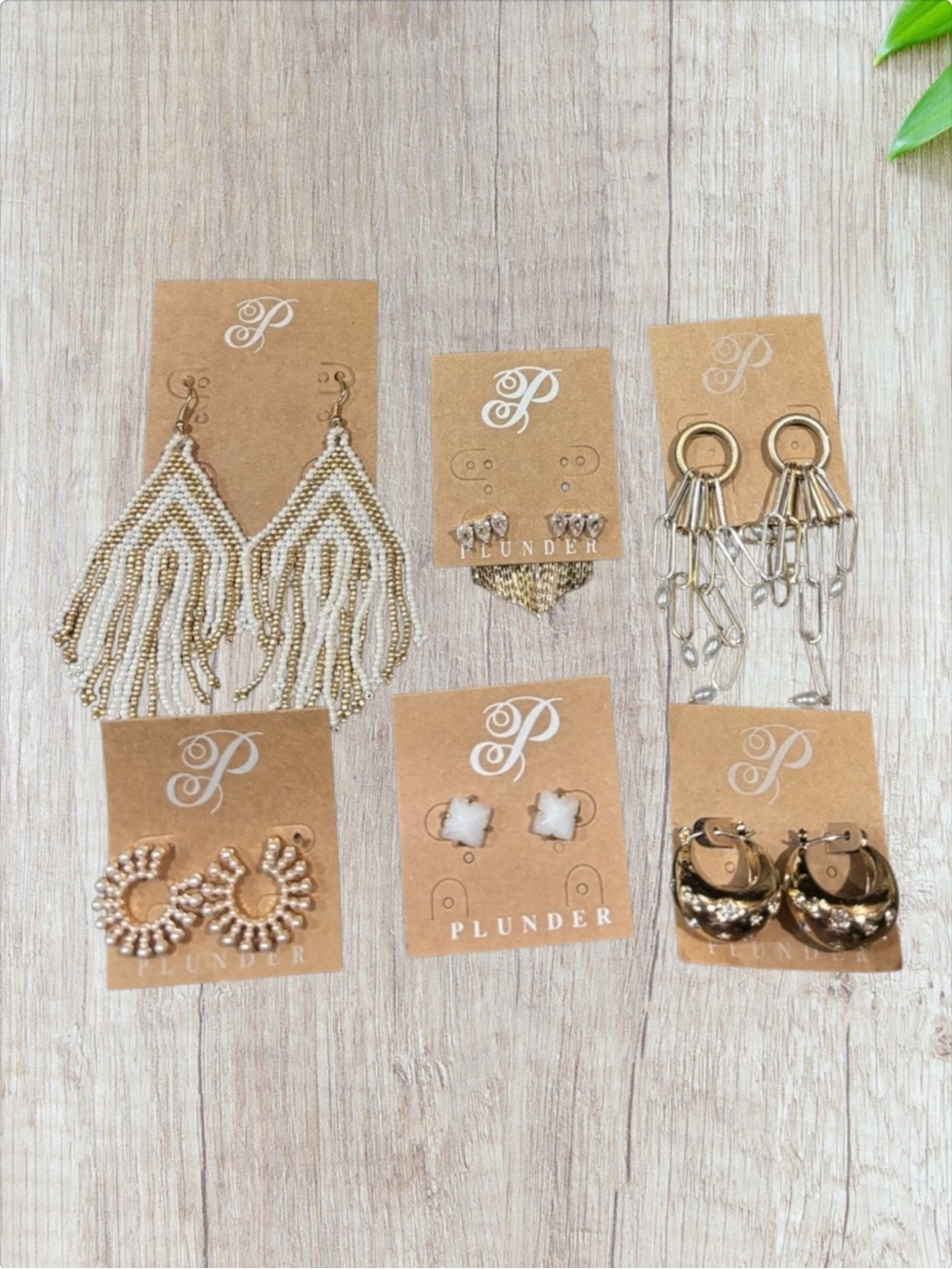 Plunder Design Gold and White Tone Beaded Earrings - Set of 6 Pair of Earrings